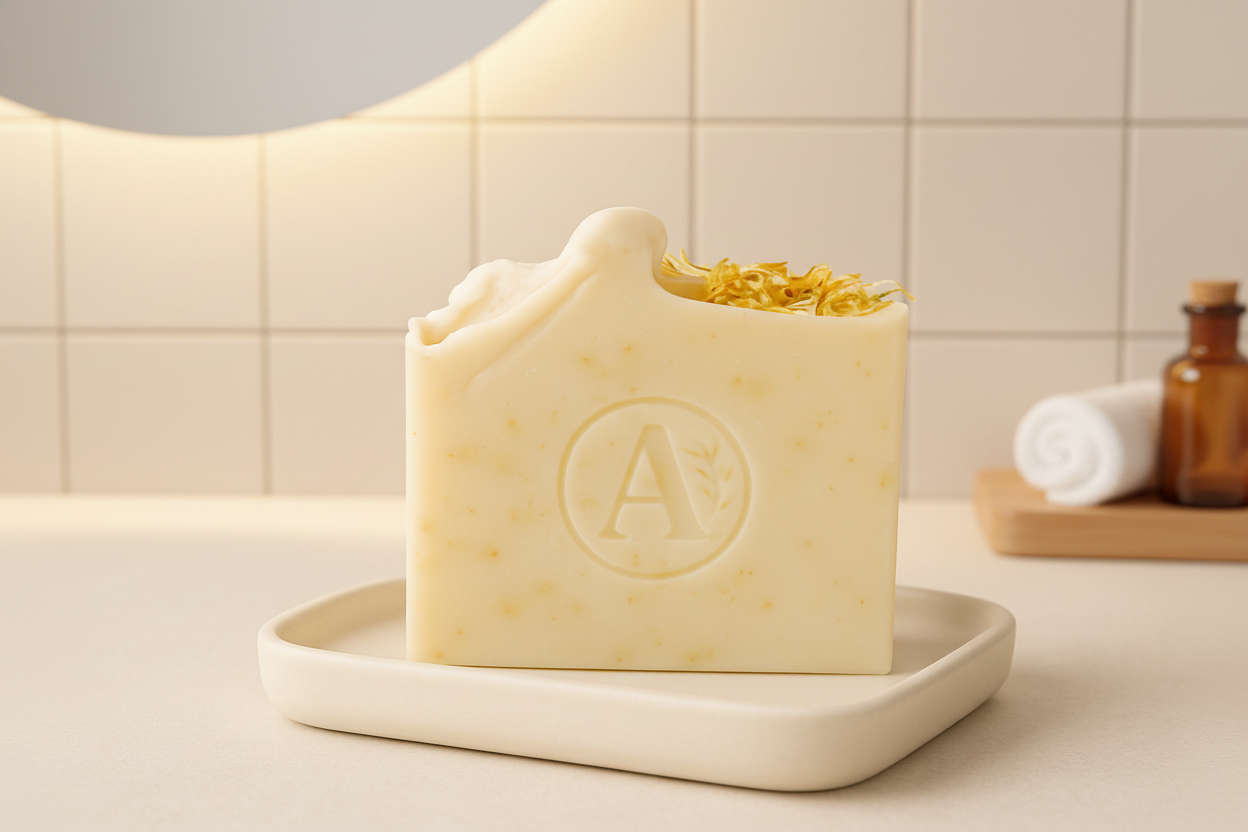 Camomile lemon soap with bathroom background