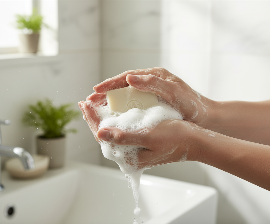 Hands lathering Tallow Bergamot Coriander Soap