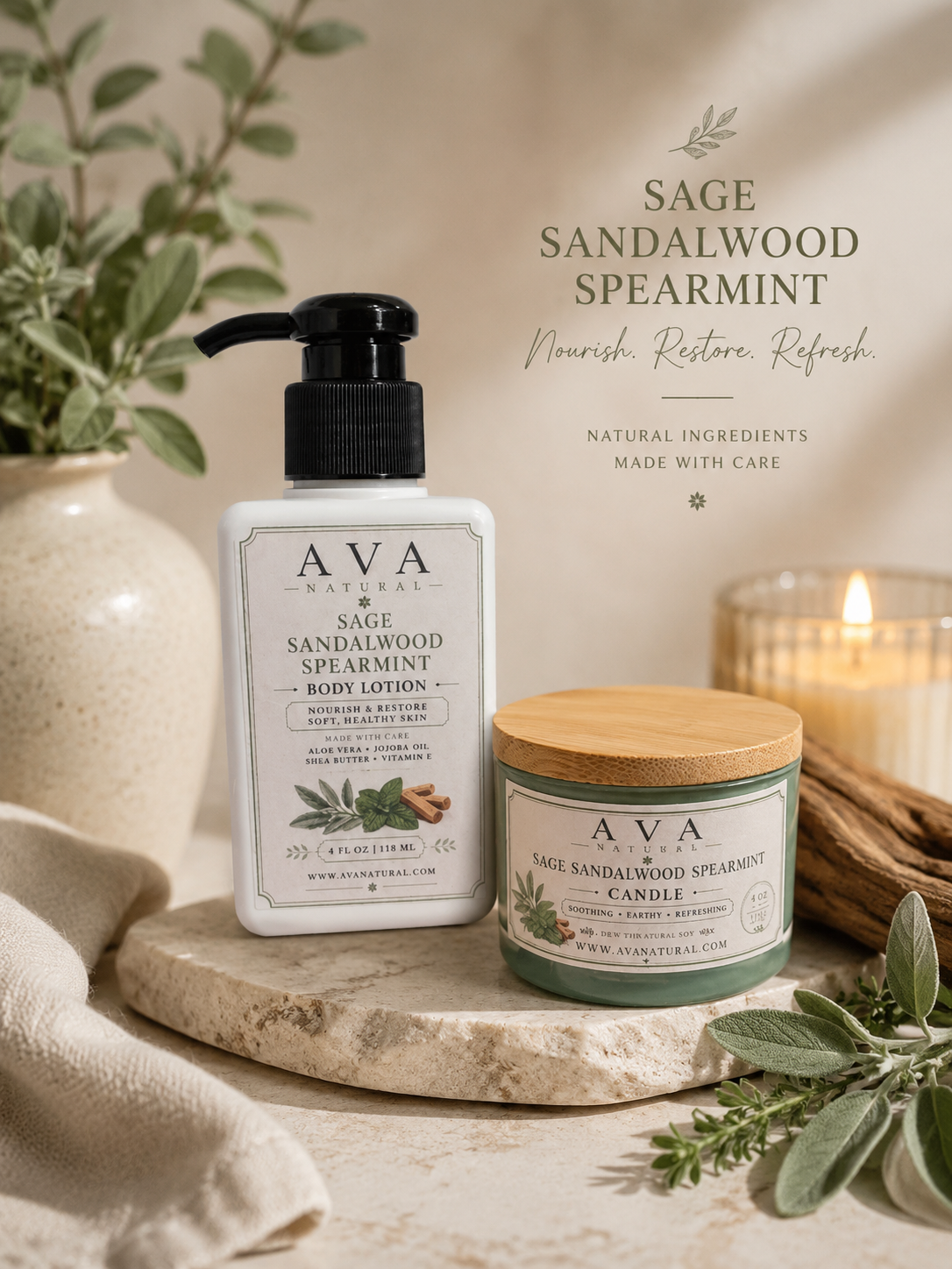 Sage Sandalwood Spearmint Gift Set Body Lotion-Candle