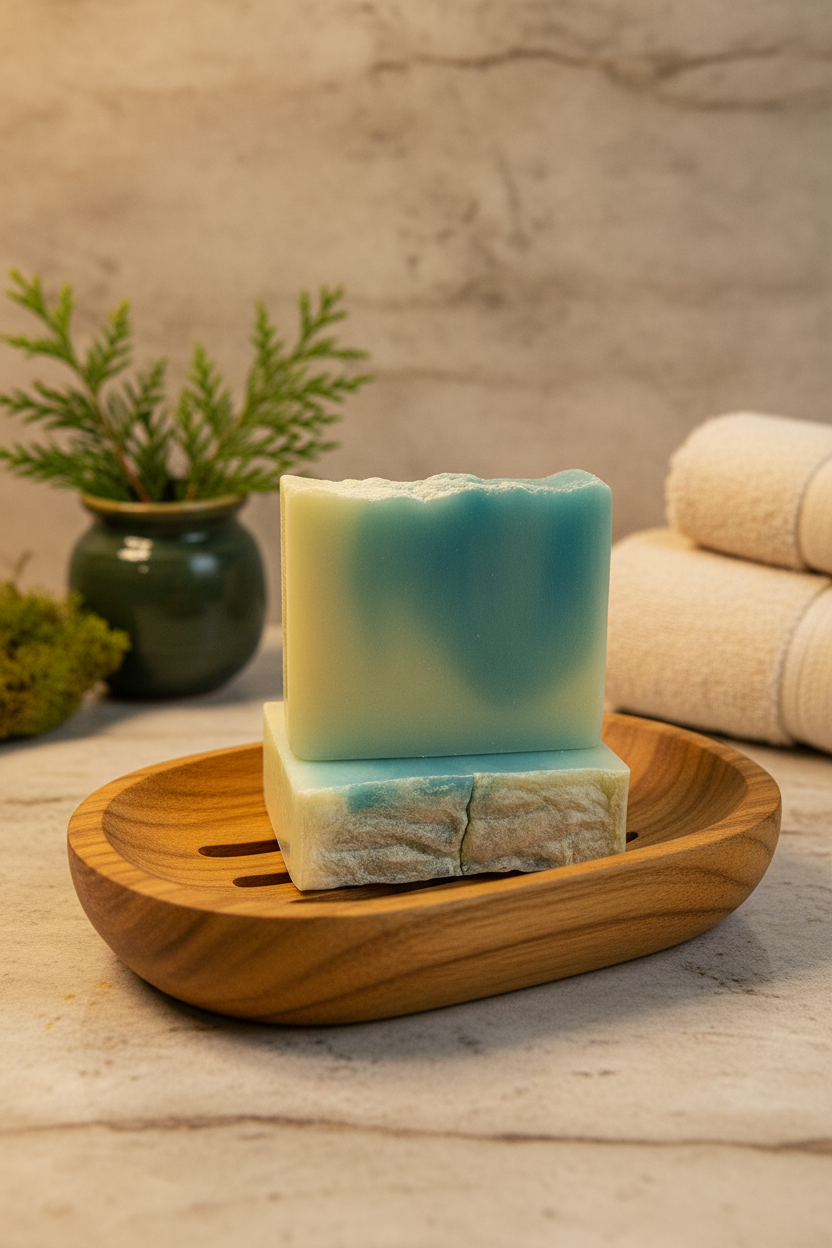 Balsam & Cedar Soap on soap dish