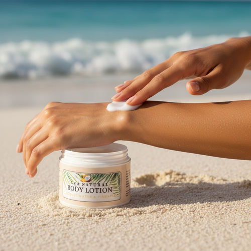 Hands applying Ava Natural Coconut Water Pineapple Body Lotion on a sunny beach