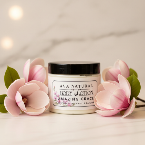 Ava Natural Body Lotion Amazing Grace with floral spa background