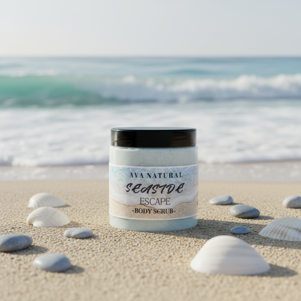 Seaside Escape Body Scrub with coastal background