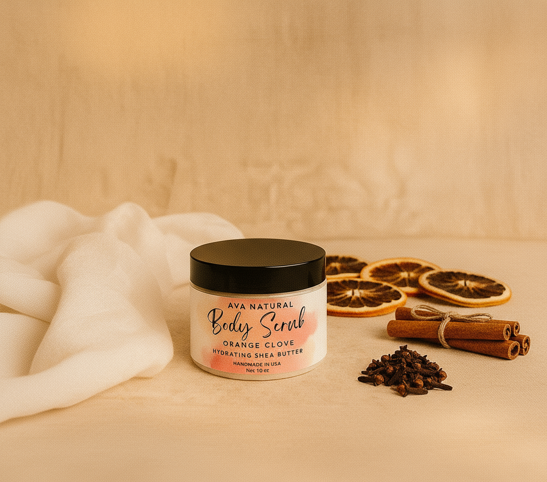 Orange Clove Shea Butter Body Scrub with new background
